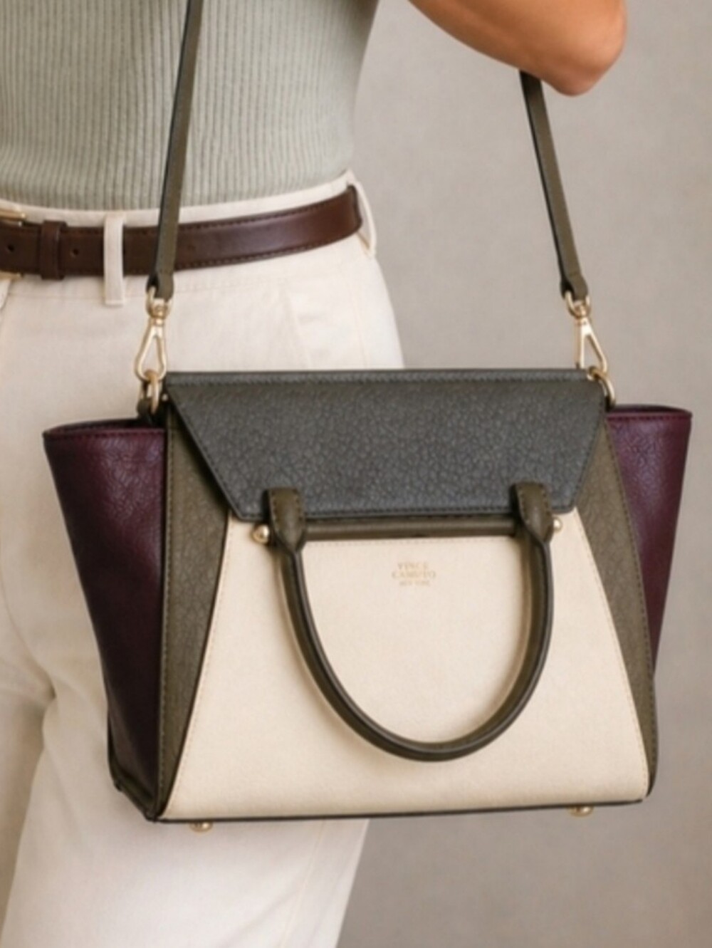 Like New Vince Camuto Satchel Leather Bag, Addy, Cream,Burgundy Olive Gray